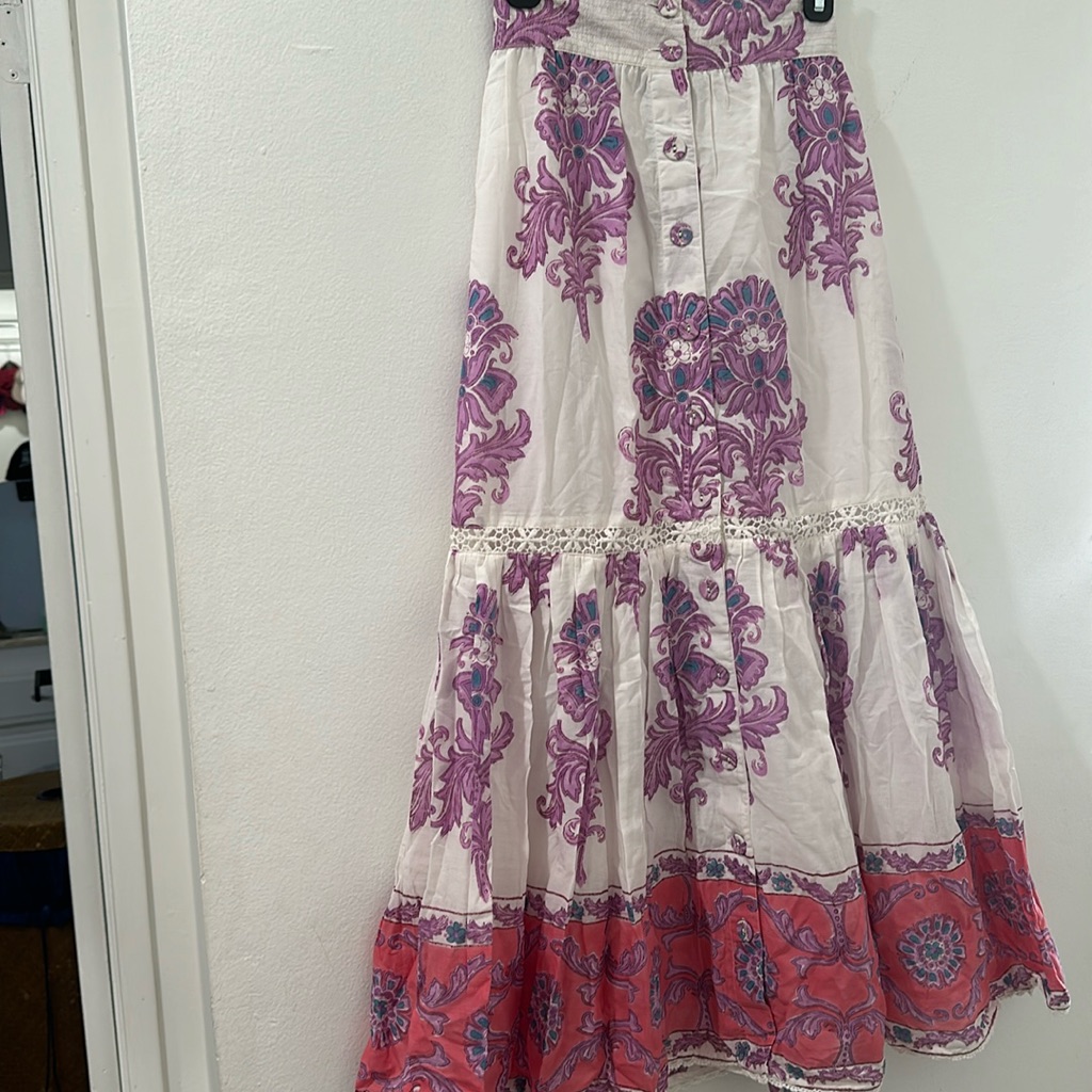 Boho Tiered Maxi Skirt In White With Purple Floral And Coral Border